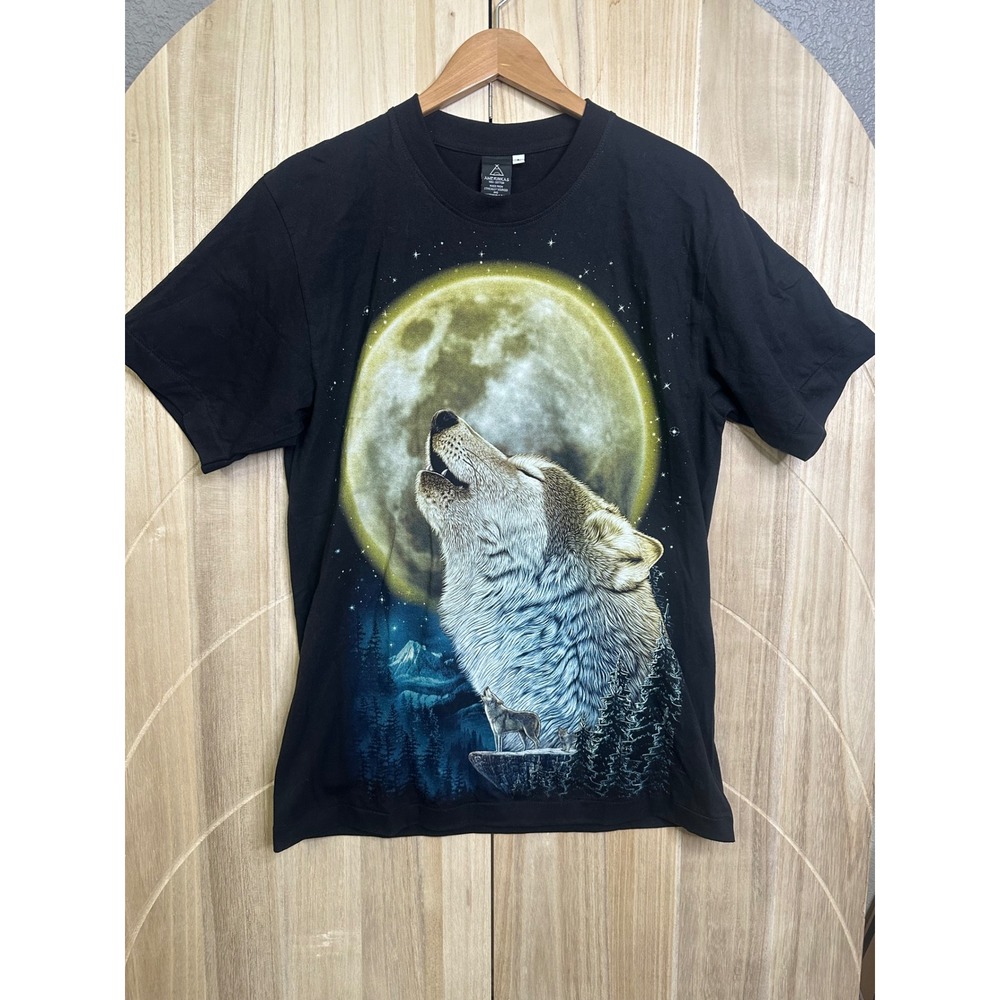 Amerinkas Howling Wolf Full Moon Black Graphic T-Shirt Double Sided Cotton L